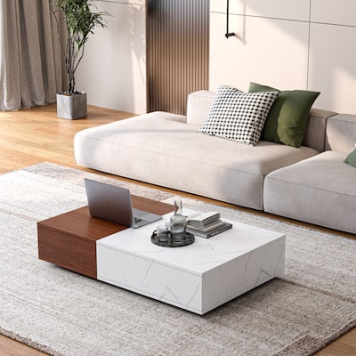 2-Color Marble Finish Patchwork Design Coffee Table with 2 Drawers