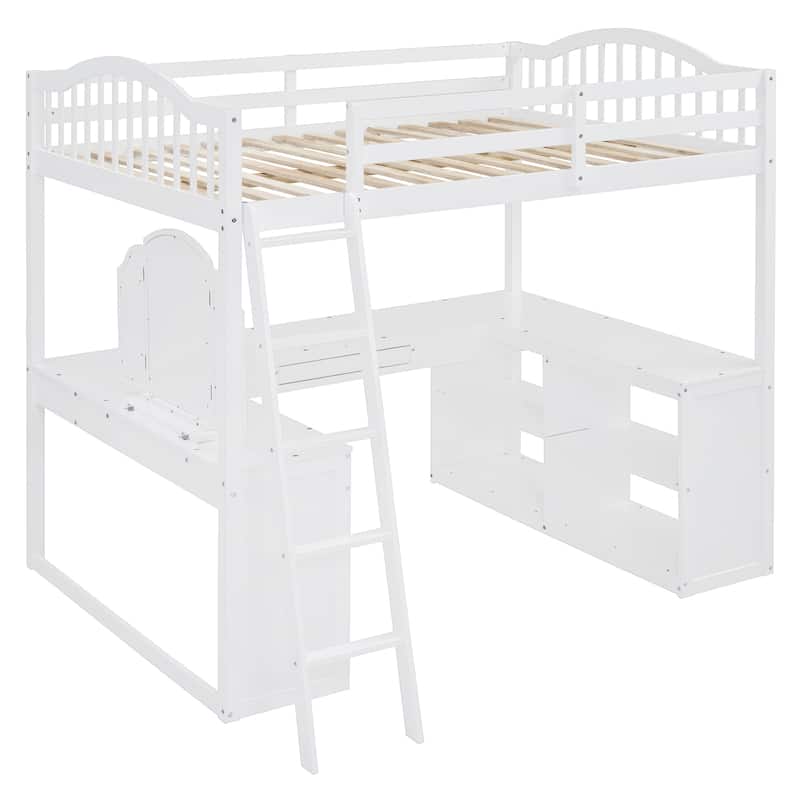 Full Wooden Loft Bed with U-shaped Desk,Storage Compartments and Tri-fold Mirror, White