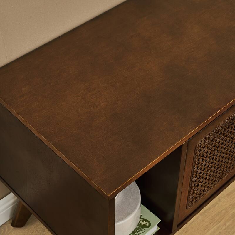 Charming Mid Century Rattan TV Stand with Solid Wood Feet and Versatile Storage