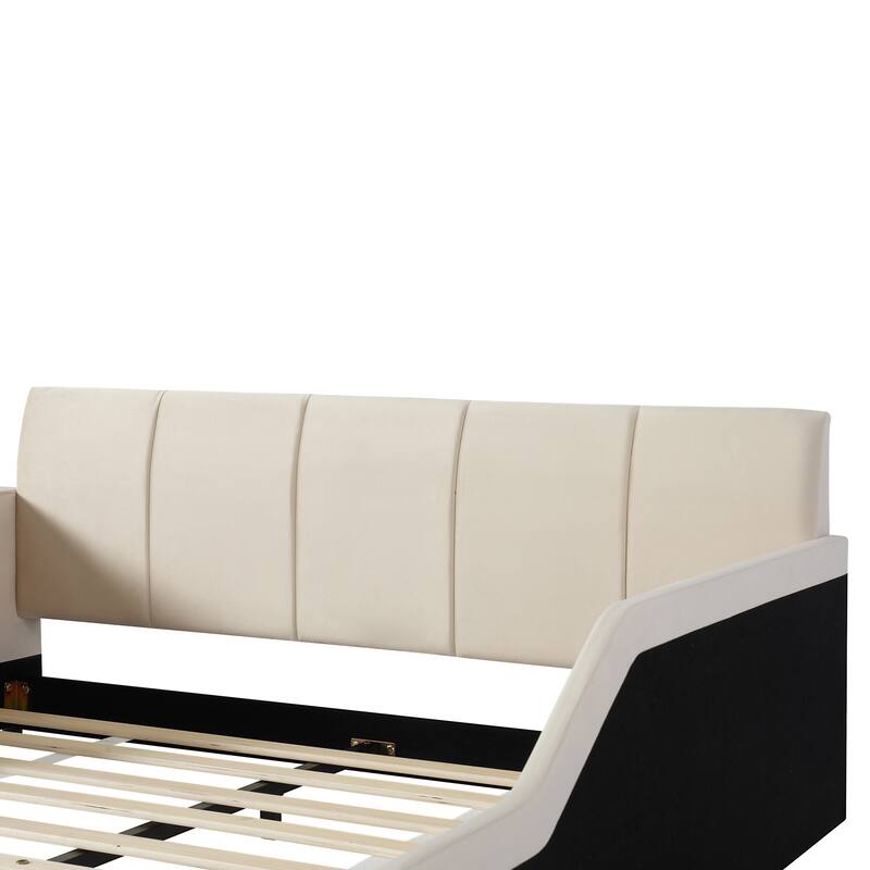 Queen/Full Mother & Child Bed with Bedside Desk, Velvet Upholstery & Round Stool