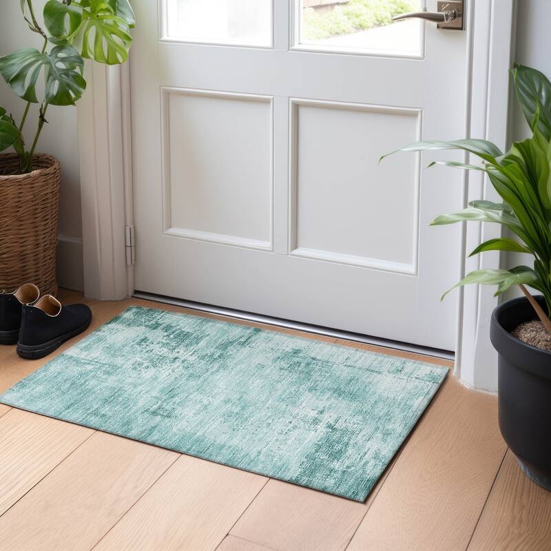 Machine Washable Indoor/ Outdoor Abstract Modern Chantille Rug - Teal - 1'8" x 2'6"