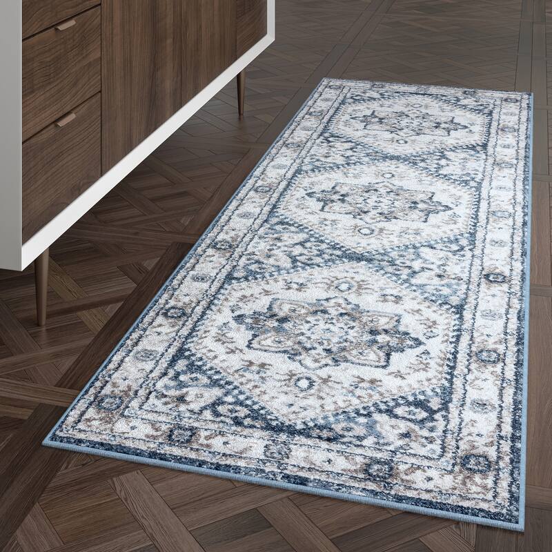 Linx Shabby Chic Medallion Indoor Area Rug - 2'3'' x 7'3'' - White/Blue