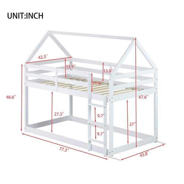 White Twin over Twin House-Shaped Bunk Bed with Ladder, Guardrails, and Low Height Design