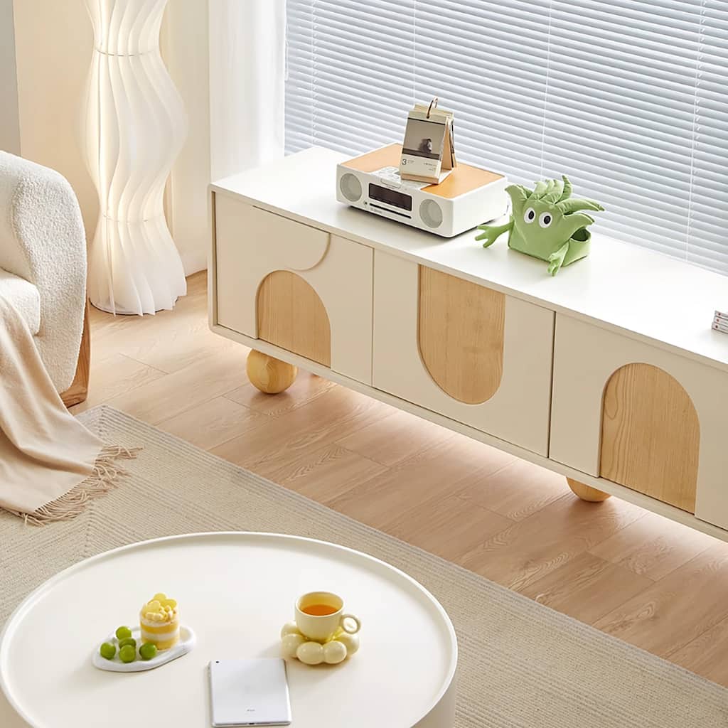 78.74'' Modern White Wood TV Stands with Storages, Mid Century Media Console for Livingroom, Cream White & Natural Wood - 78.74"