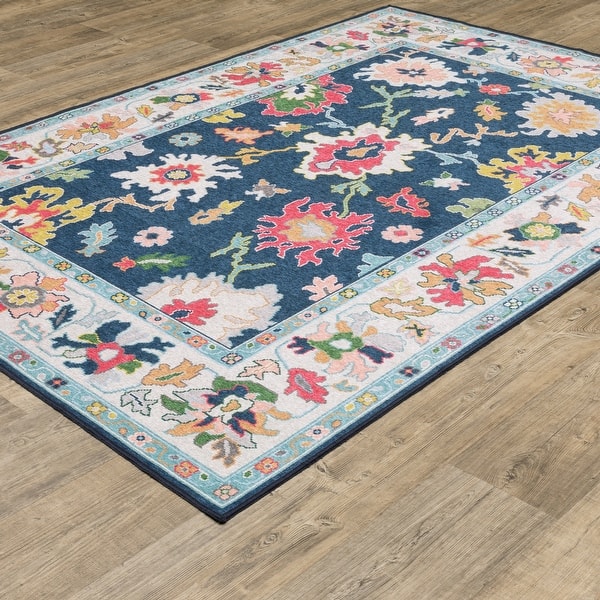 Addison Traditional Bordered Floral Blue/ Multi Printed Washable Flat Pile Rug - 7'6" x 9'10"