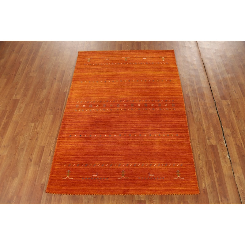 Orange Gabbeh Oriental Rug Hand-Knotted Wool Carpet - 4'0" x 5'10"