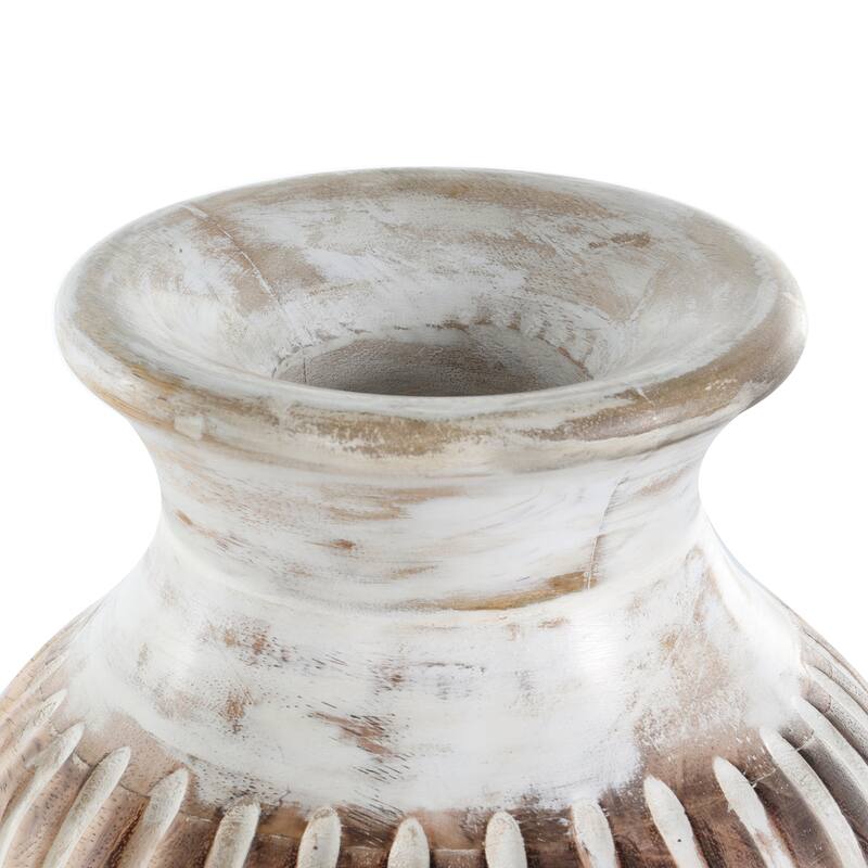 Brown Mango Wood Distressed Decorative Vase with Carved Grooves