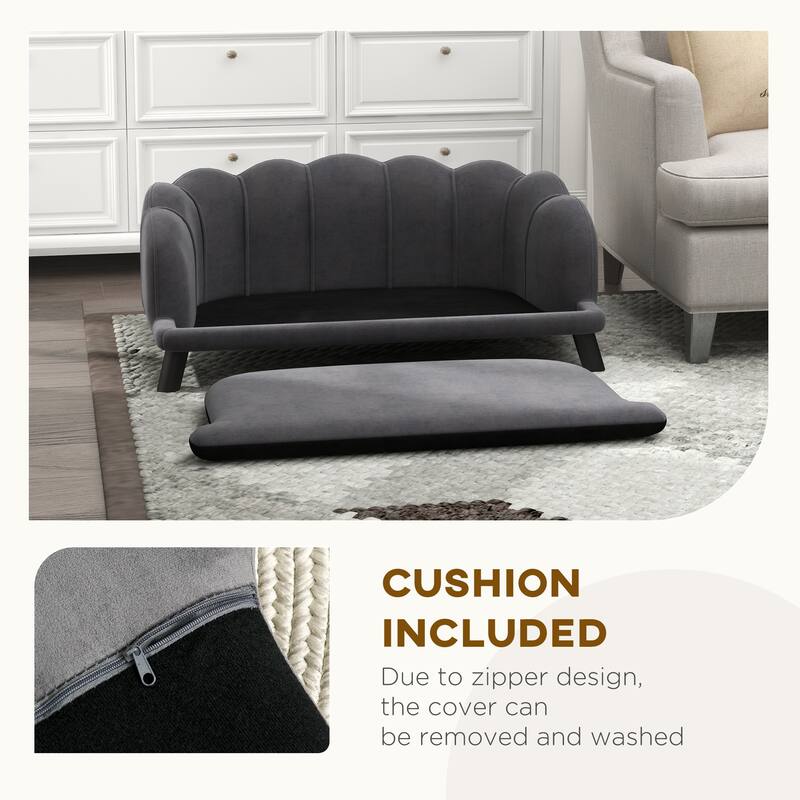 Charcoal Grey Velvet Birch Wood Pet Sofa with Foam Cushion - 38.75" L x 23.75" W x 14" H