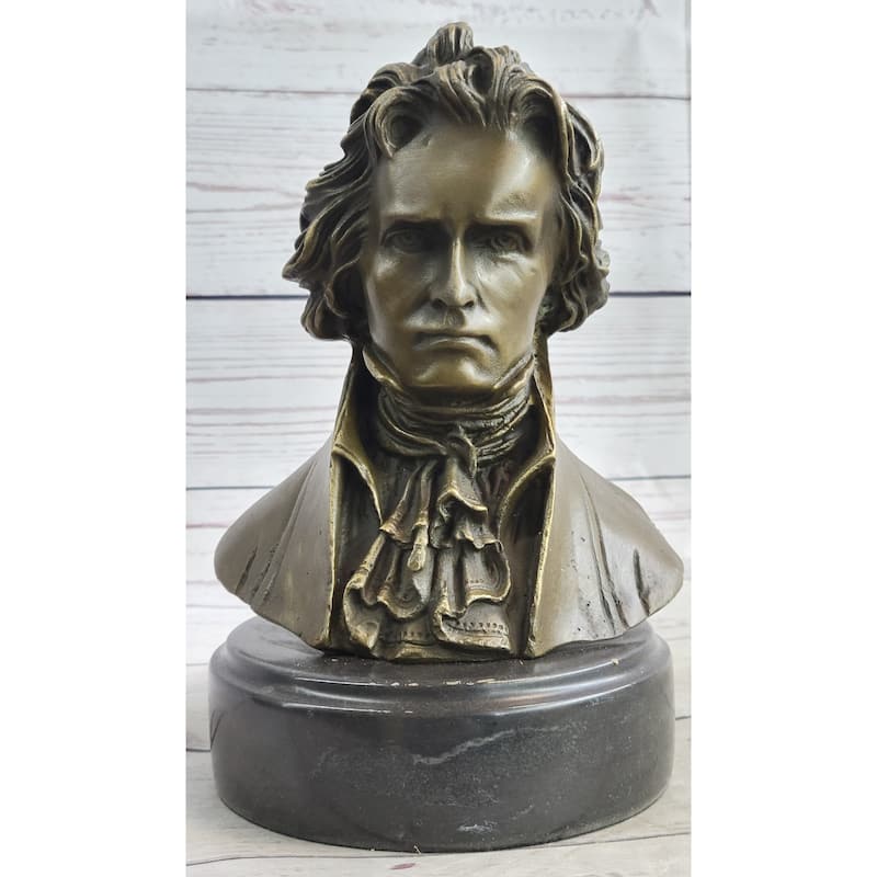Ludwig Van Beethoven Bronze Metal Bust Sculpture Statue On Marble Base