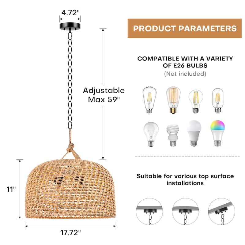 3-Light Hand-Woven Rattan Dome Pendant - 17.72"