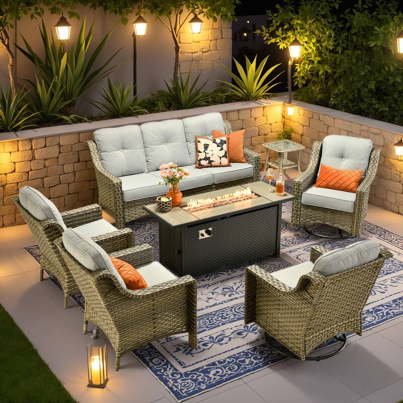OVIOS 7-piece Patio Wicker Swivel Rocking Chair Set With Fire Pit - Light Grey