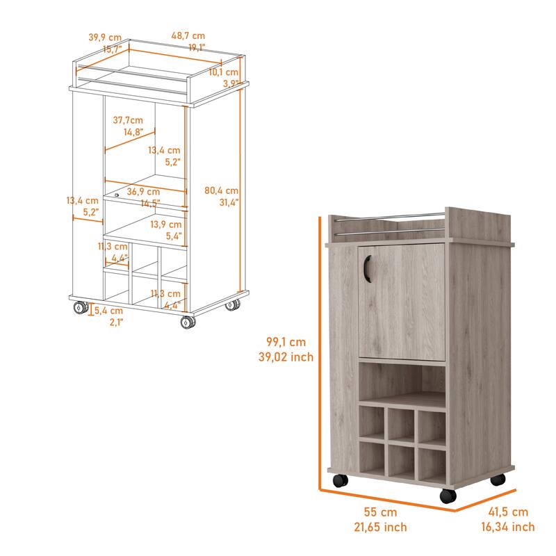 Allandale 1-Door Bar Cart with Wine Rack and Casters