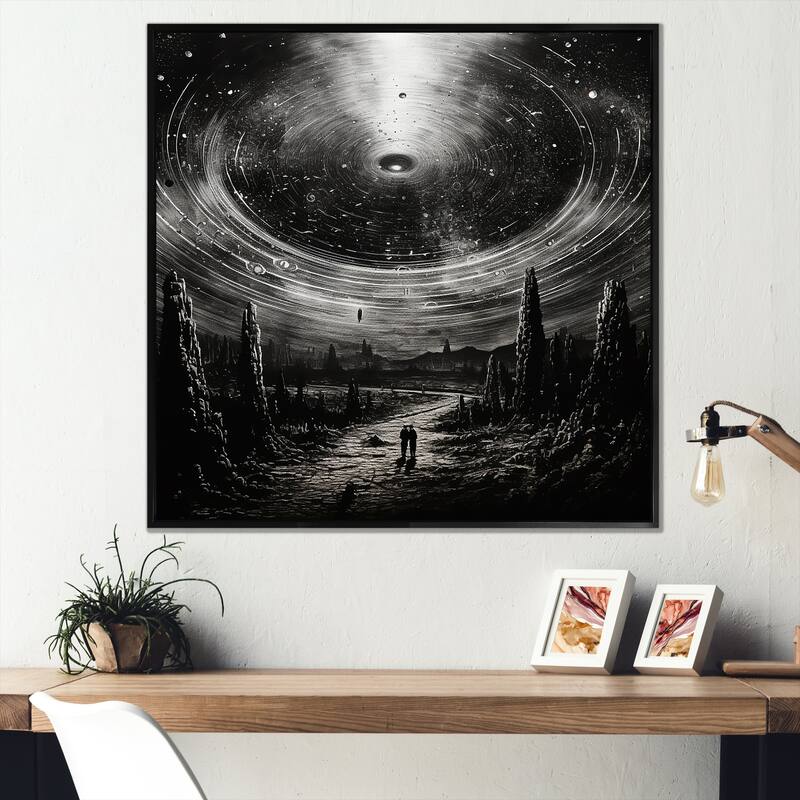Designart "Minimalism Sci Fi Ufo" Ufos Framed Wall Art Prints - 24 in. wide x 24 in. high - Black