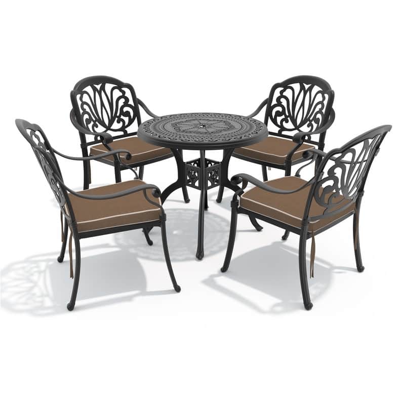 3/5-Piece Cast Aluminum Outdoor Dining Set with 31.5 in. Round Table and Seat Cushions