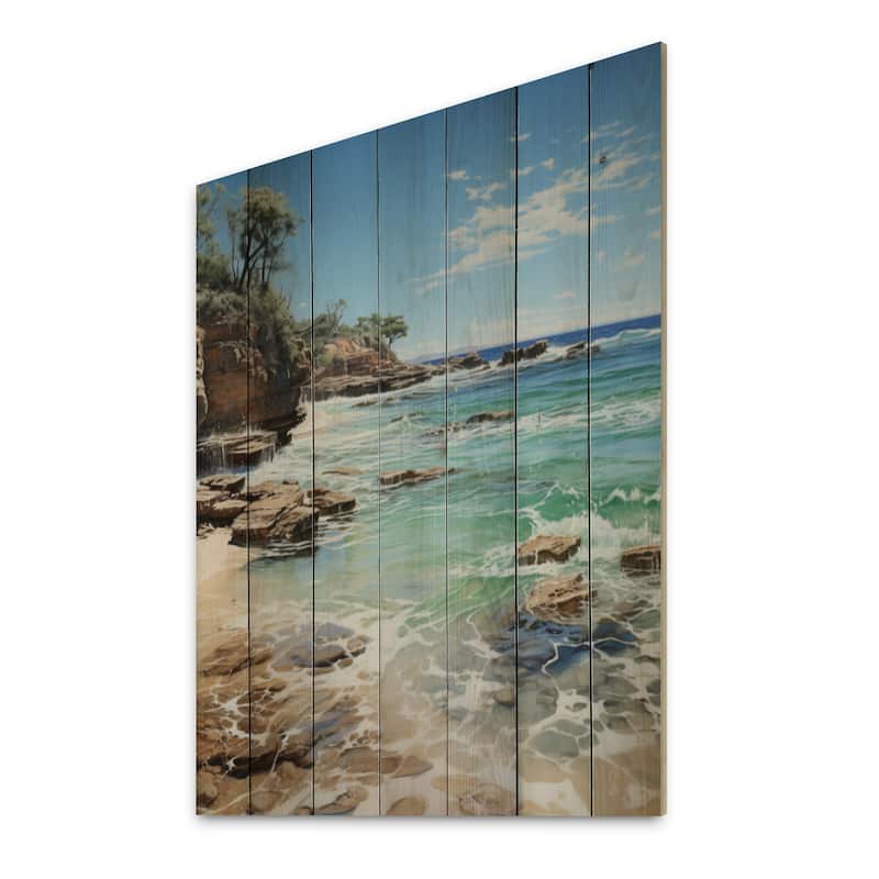 Designart "Beach Photo Ocean Escape V" Nautical & Beach Print on Natural Pine Wood