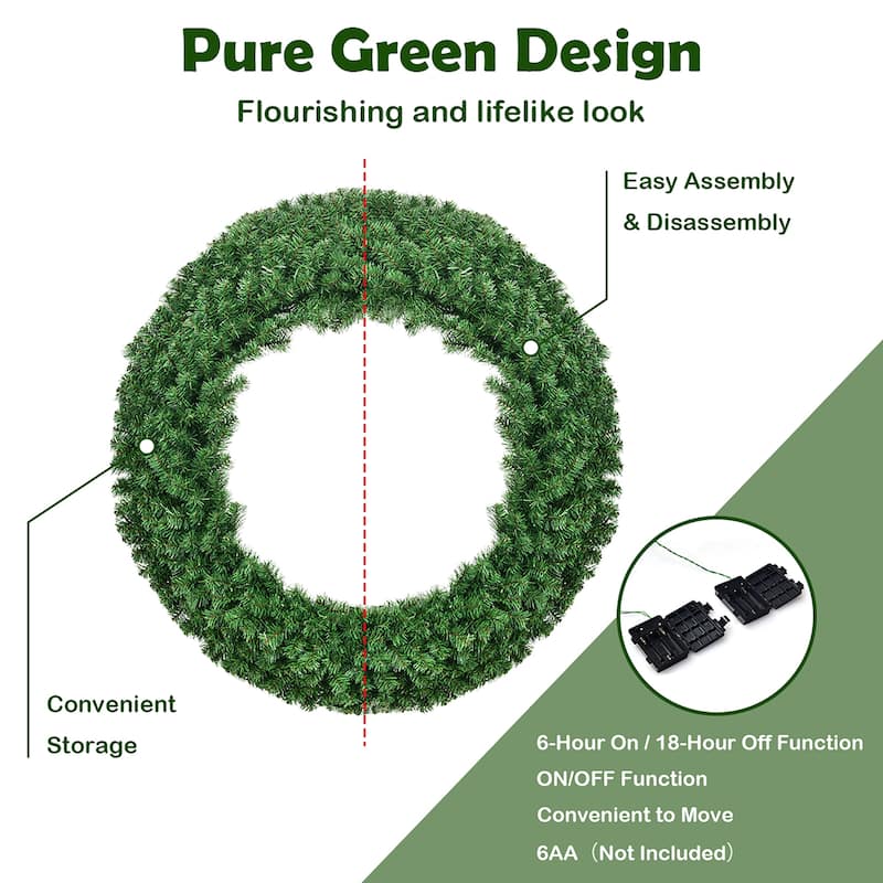 48" Pre-lit Cordless Artificial Christmas Wreath with 200 LED Lights