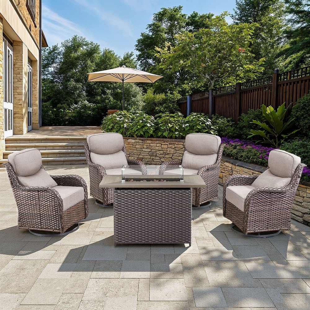 Meyreso 5-Piece Patio Conversation Set with 4 Swivel Glider Chairs and Wicker Fire Pit
