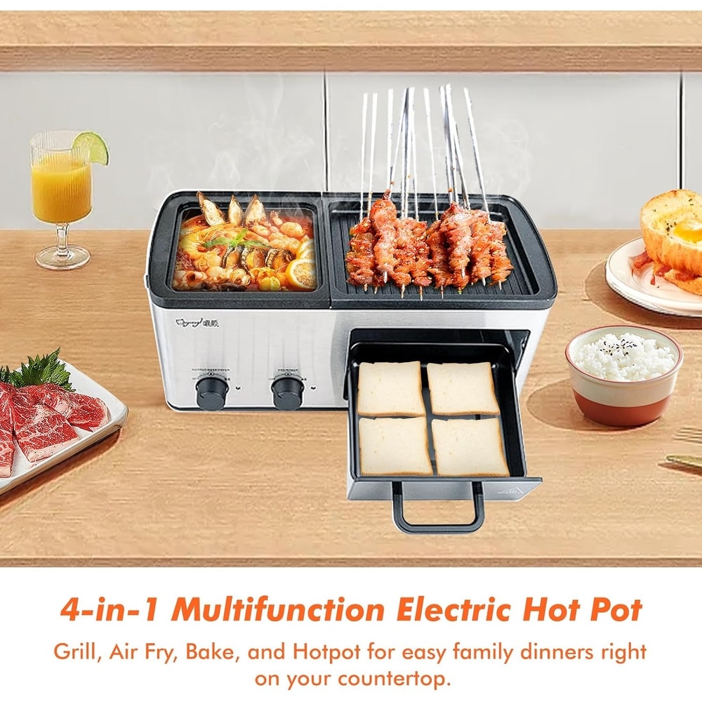 3 in 1 Breakfast Station, Electric Retro Toaster Breakfast Machine Sandwich  Maker with Detachable Non-stick Coating Plate,Stockpot with Glass