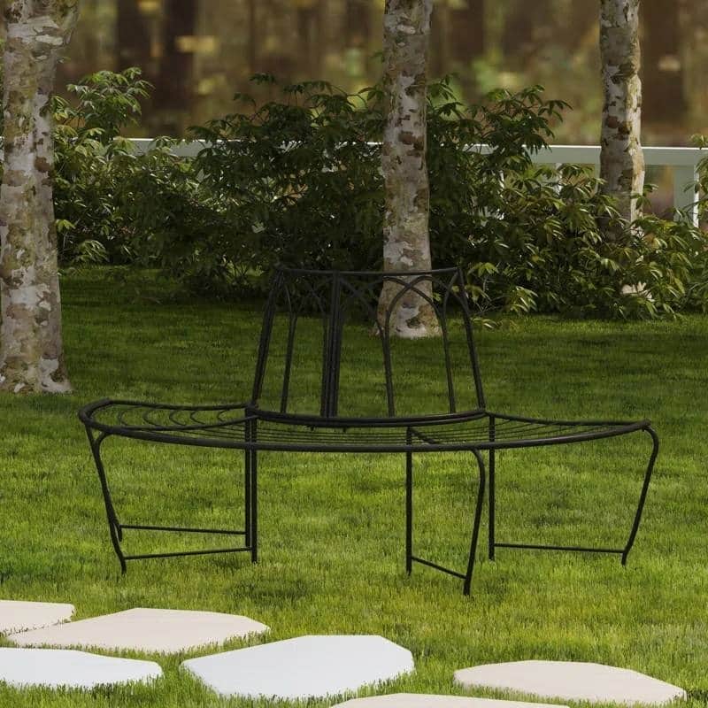 Iron Outdoor Half-Circle Patio Garden Tree Bench - 23.5'' D x 50” W x 30.75” H