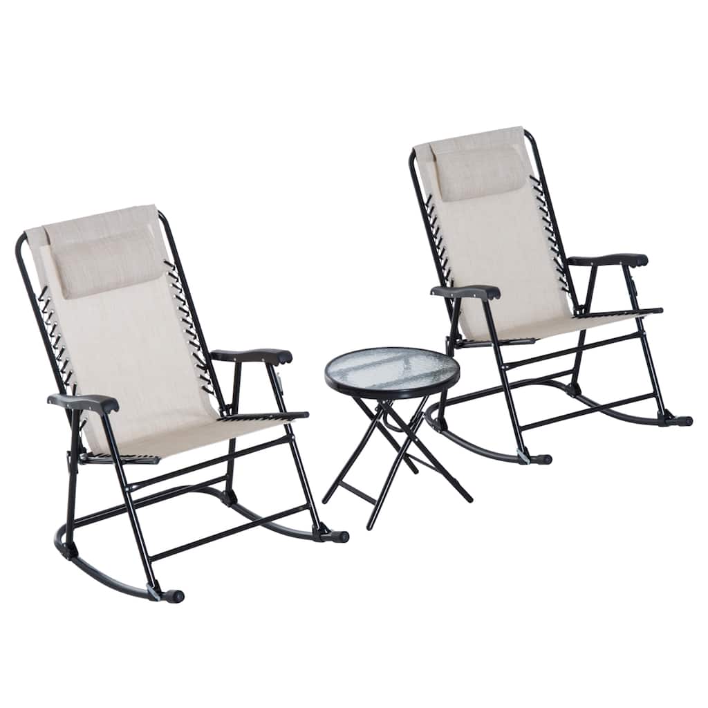 3 Piece Outdoor Rocking Chair Set, Patio Folding Lawn Rocker Set with Glass Coffee Table, Headrests for Yard, Patio, Dec