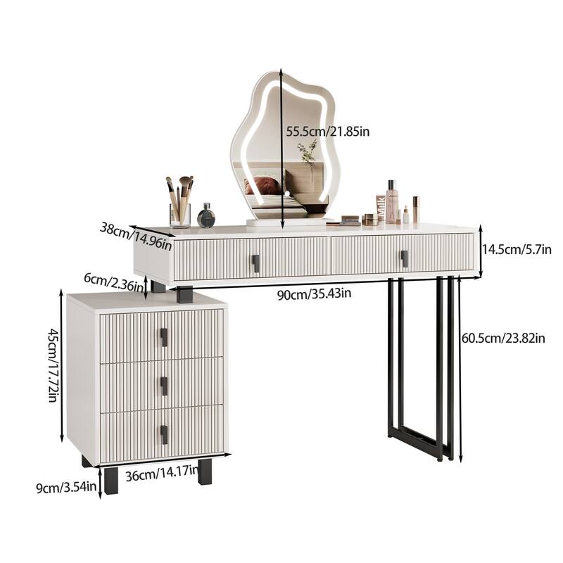 Adjustable-Length Vanity with Cloud LED Mirror - Modern Makeup Table with Storage Drawers & Side Cabinet, Ribbed Texture Design