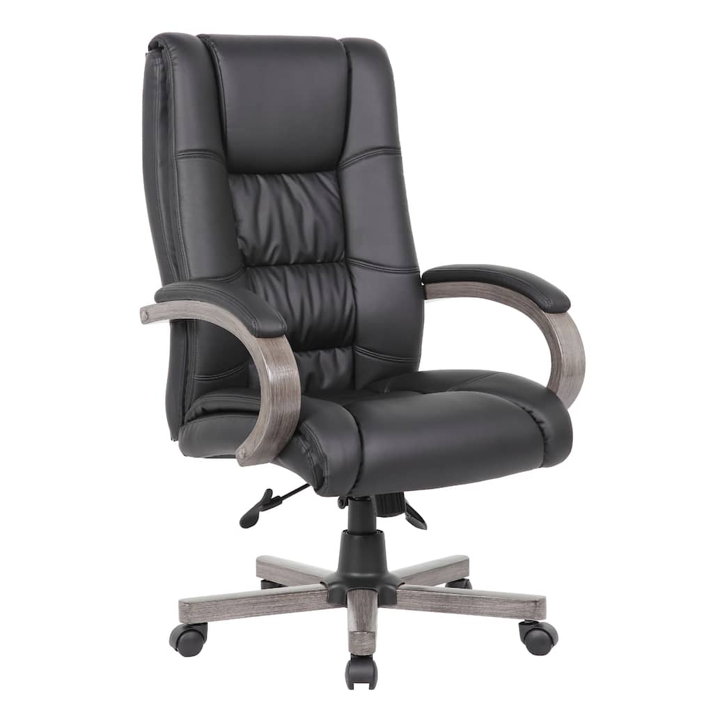 Zoey High-Back Executive Chair, Black Vinyl, Gray Wood Finish