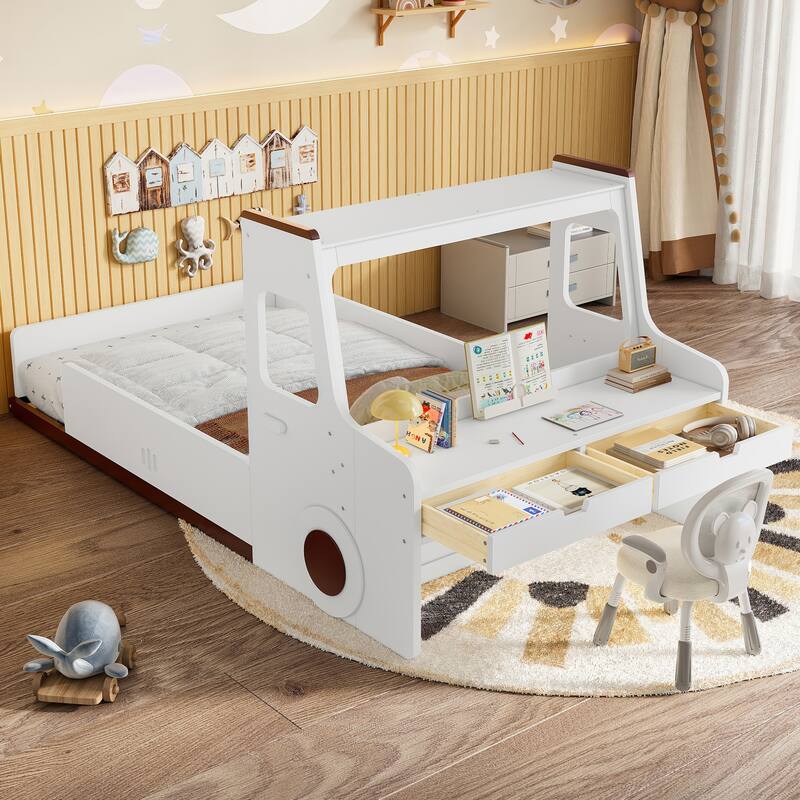 Roomfitters Car Shaped Floor Bed with Storage Drawers and Desk, Solid Wood Frame with Window - Light White