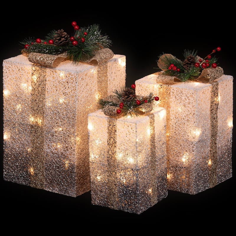 Set of 3 Silver Mesh Glittered Gift Boxes Outdoor Decorations - 14"