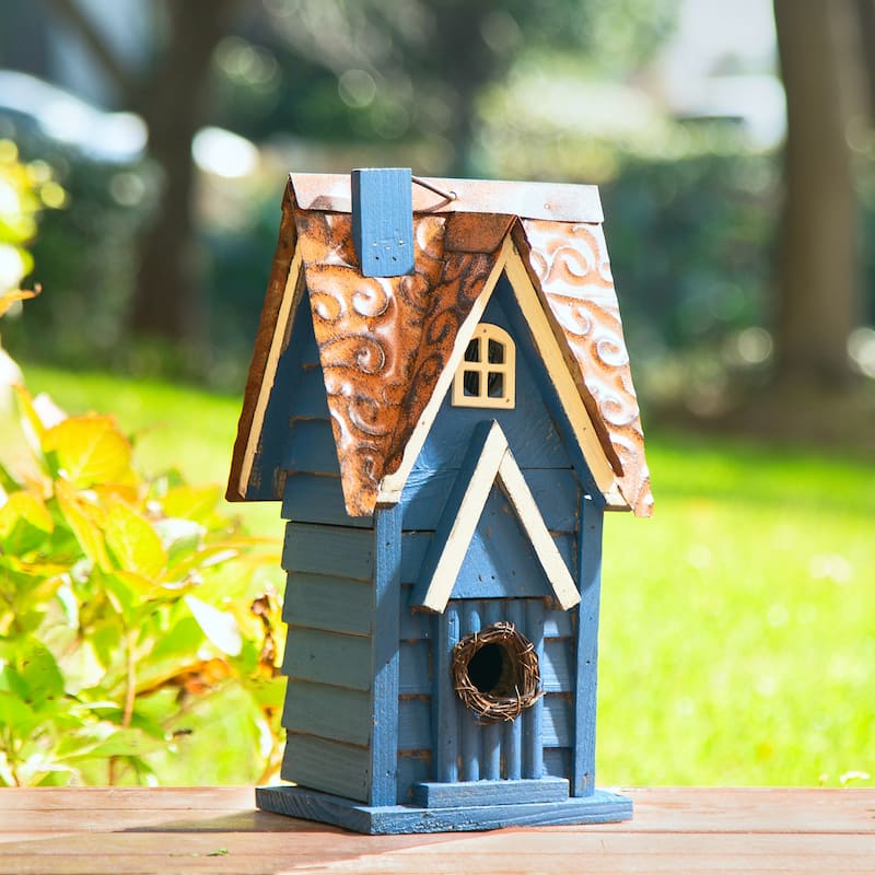 Glitzhome 12"H Retro Distressed Painted Solid Wood Cottage Birdhouse