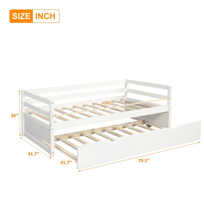 Twin Wood Daybed with 1 Twin Pullout Trundle and Guardrails, White
