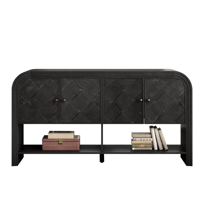 Versatile 60" Console Table with Woven Wood Slats and Solid Wood Veneer for Entryway or Living Room