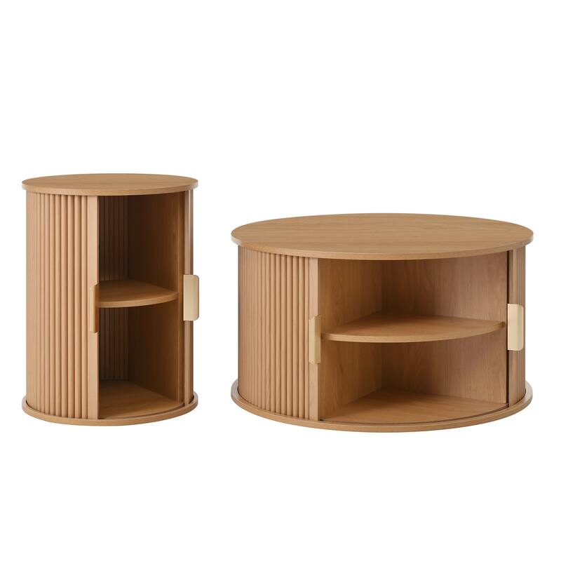 Nesting Coffee Table Set of 2, Modern Storage Coffee Table, Round Tea Table and End Table Set with Sliding Tambour Door