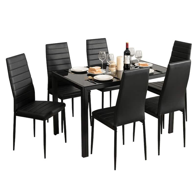 Gymax 7 PCS Kitchen Dining Table Set Breakfast Furniture w/ Glass Top - Black