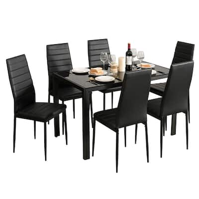 Gymax 7 PCS Kitchen Dining Table Set Breakfast Furniture w/ Glass Top