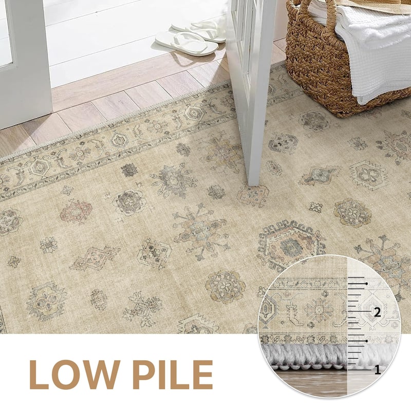 Mcow Vintage Floral Low-Pile Machine Washable Non-Slip Area Rug