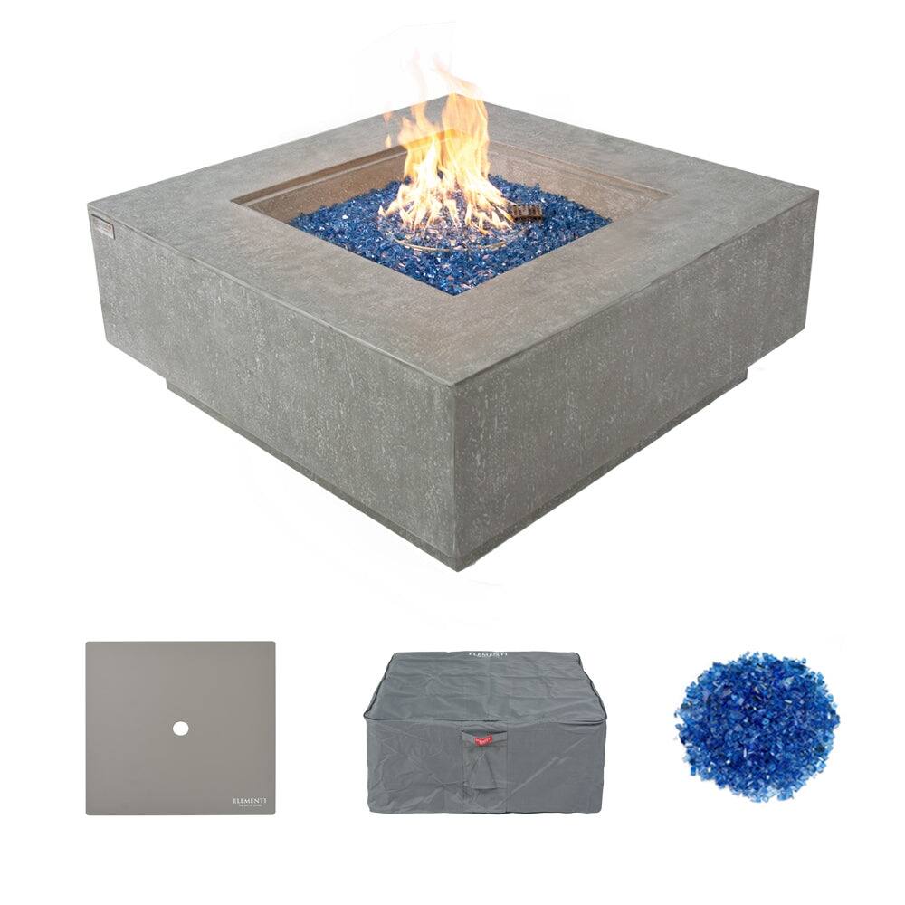 Elementi Plus Victoria Outdoor Fire Pit Table Concrete Square 60000 BTU - 40 x 40 inches with Lid, Fire Glass, and Cover