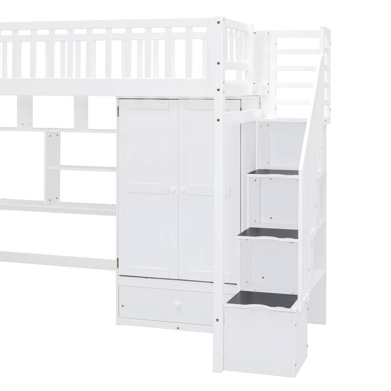 Twin Size Loft Bed with Built-in Desk and Wardrobe, Solid Wood Stairway Loftbed Frame with Bookshelf & Drawers for Kids/Bedroom