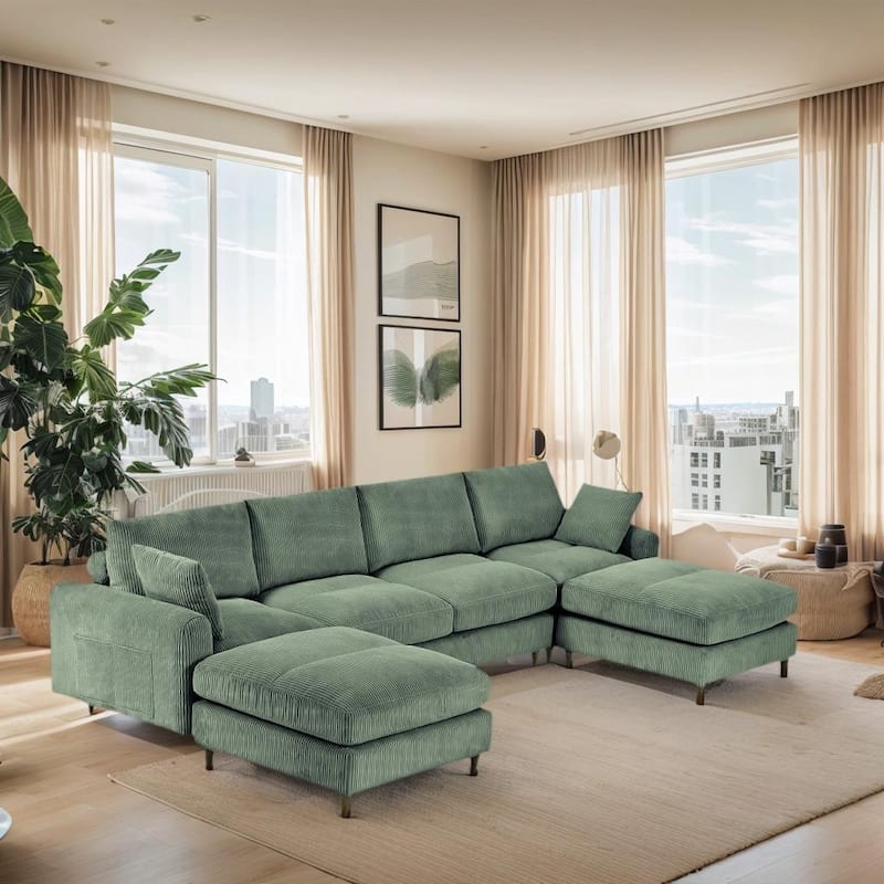 Roomfitters Modern Corduroy Modular Sectional Sofa, U-Shaped Convertible 6-Seat Sofa Set with Footstool and Pillows, Olive Green