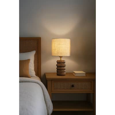 15'' Rustic Small Ribbed Wood Bedside Table Lamp Nightstand Lamp with Beige Fabric Shade for Bedroom, Desk, Living Room - W8''
