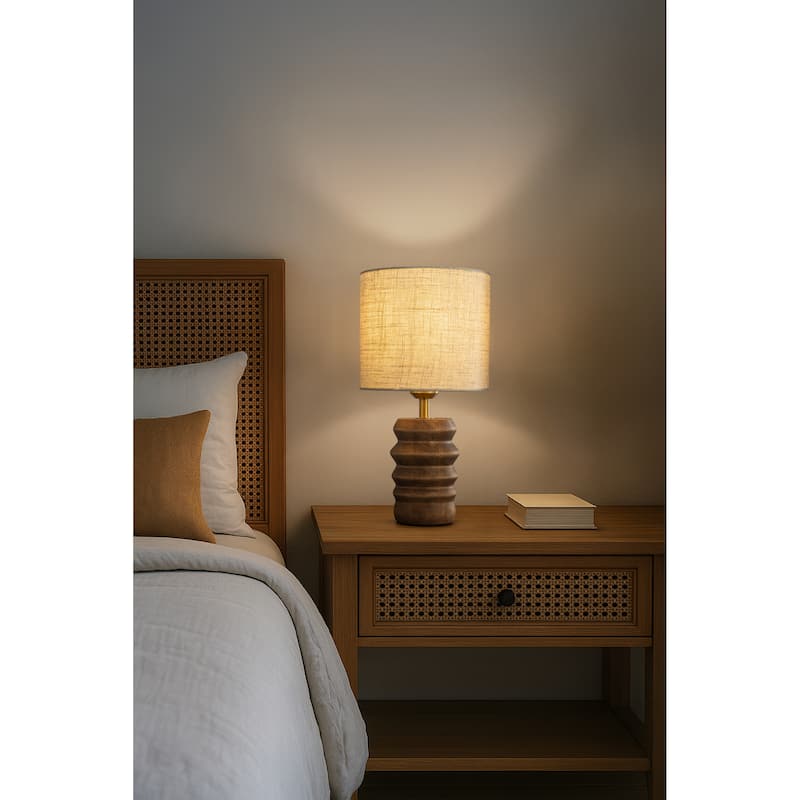 15'' Japandi Solid Wood Base Table Lamp Modern Classic Nightstand Lamp with Beige Fabric Shade for Bedside Foyer Dining Room