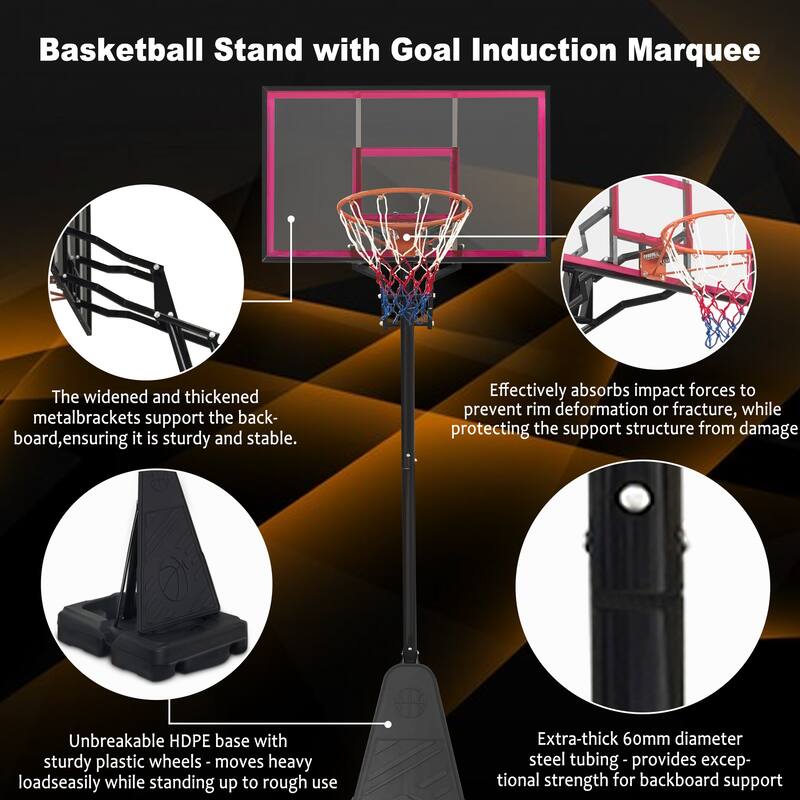 Portable Basketball Hoop,Adjustable Height 8.04ft to 10.01ft,44 inch Backboard with Rebound System,w/Rebound Board & Wheels