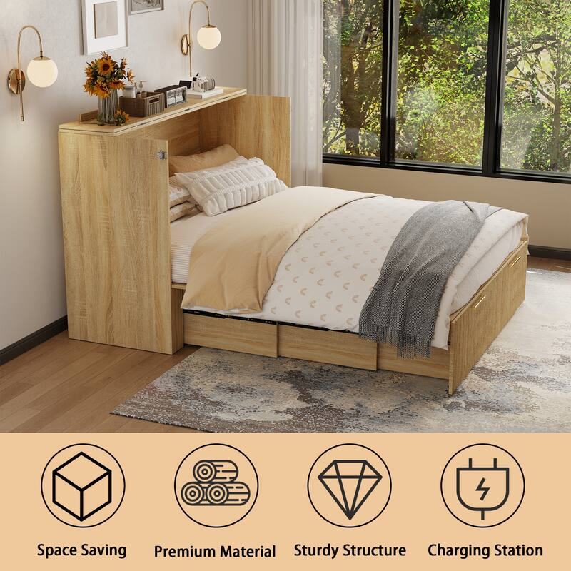 Full Size Murphy Bed with USB Port and a Large Drawer