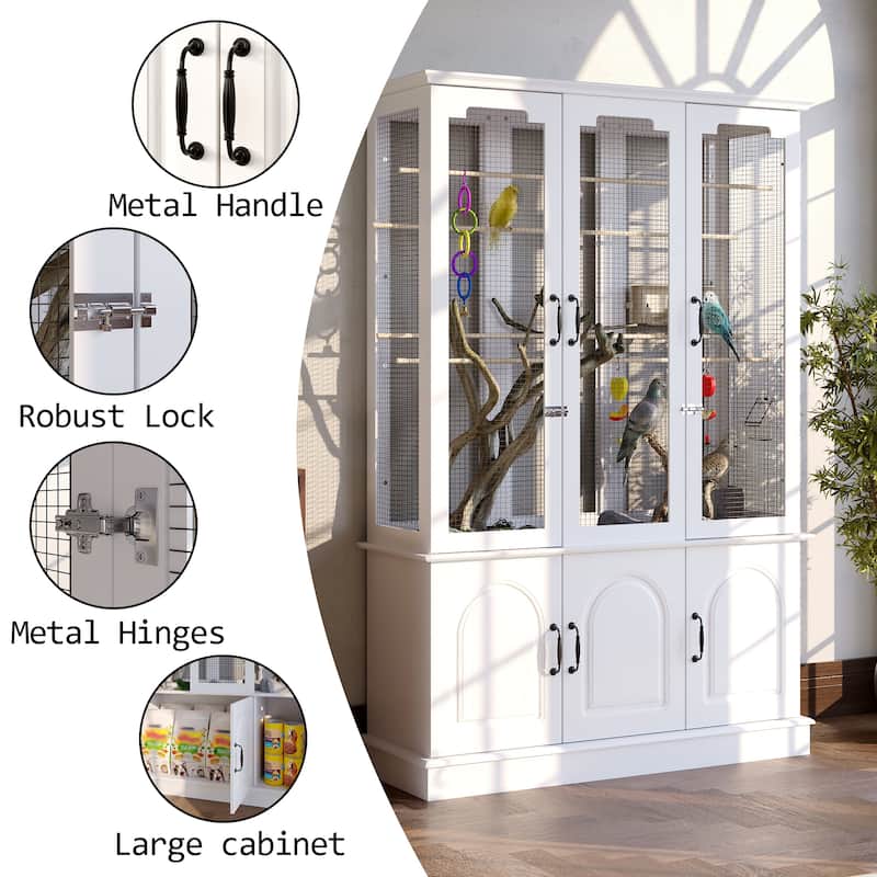 Large Wooden Bird Cage Cabinet with Storage, White Aviary Hutch with Black Metal Mesh, Tall Indoor Parrot Cage Furniture