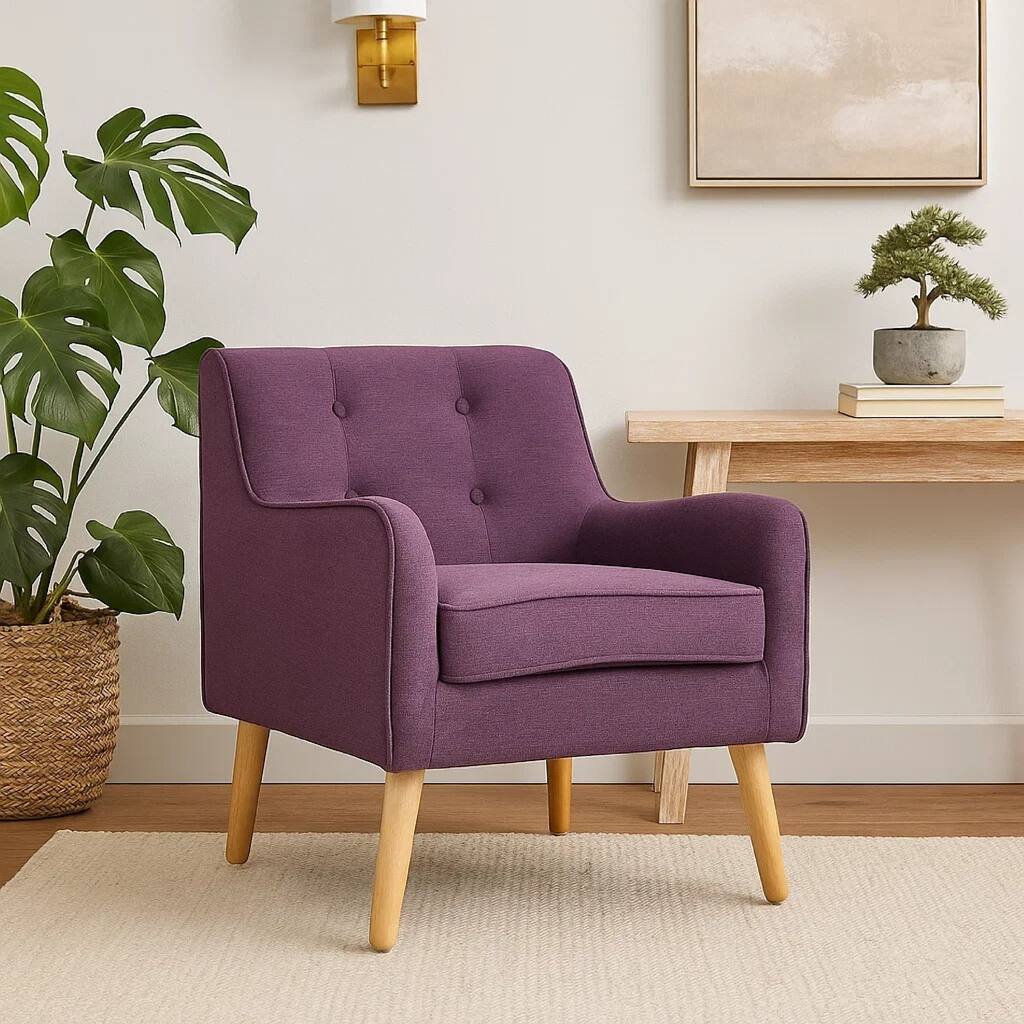 Felix Accent Armchair, Splayed Birch Wood Legs, Button Tufted Purple