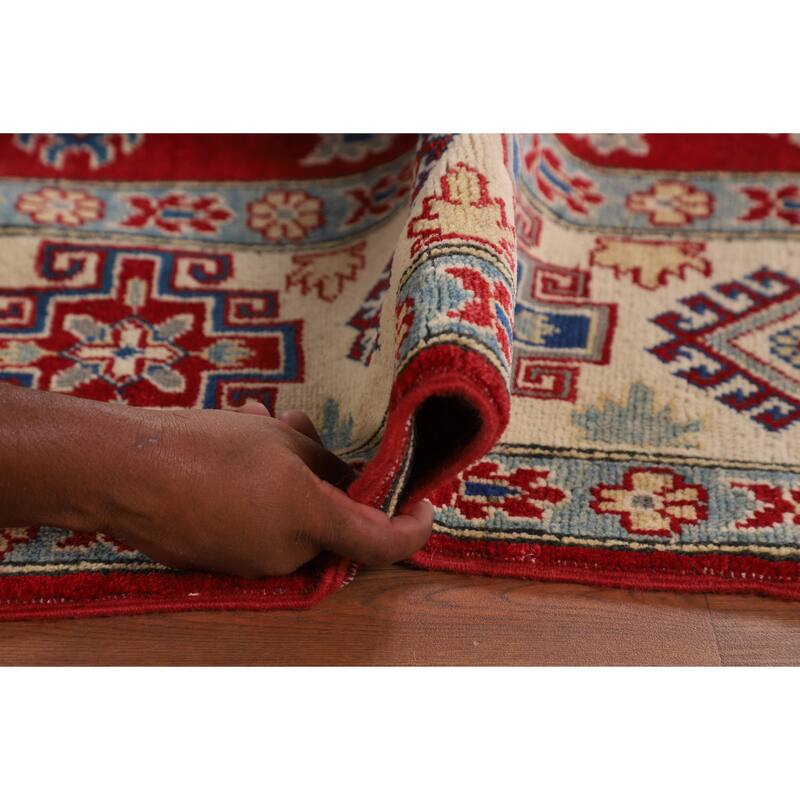 Red Geometric Kazak Rug Hand-Knotted Living Room Wool Carpet - 6'9" x 9'6"