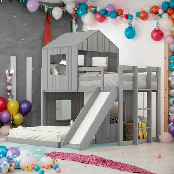 slide 2 of 45, Modern Twin Over Full Wooden Bunk Bed Loft Bed With Playhouse,Ladder