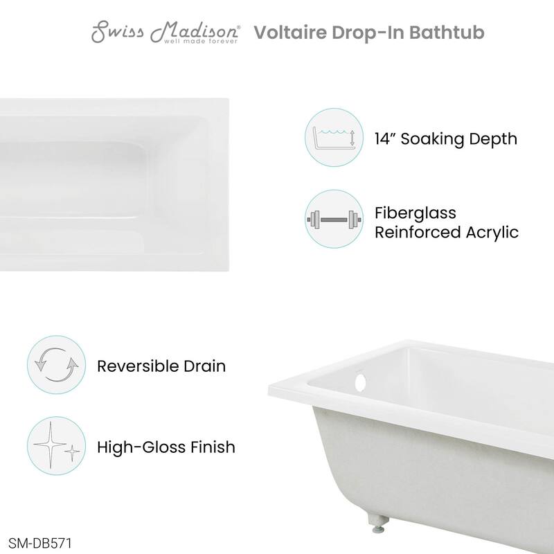 Swiss Madison SM-DB571 Voltaire 48" Drop In Acrylic Soaking Tub with