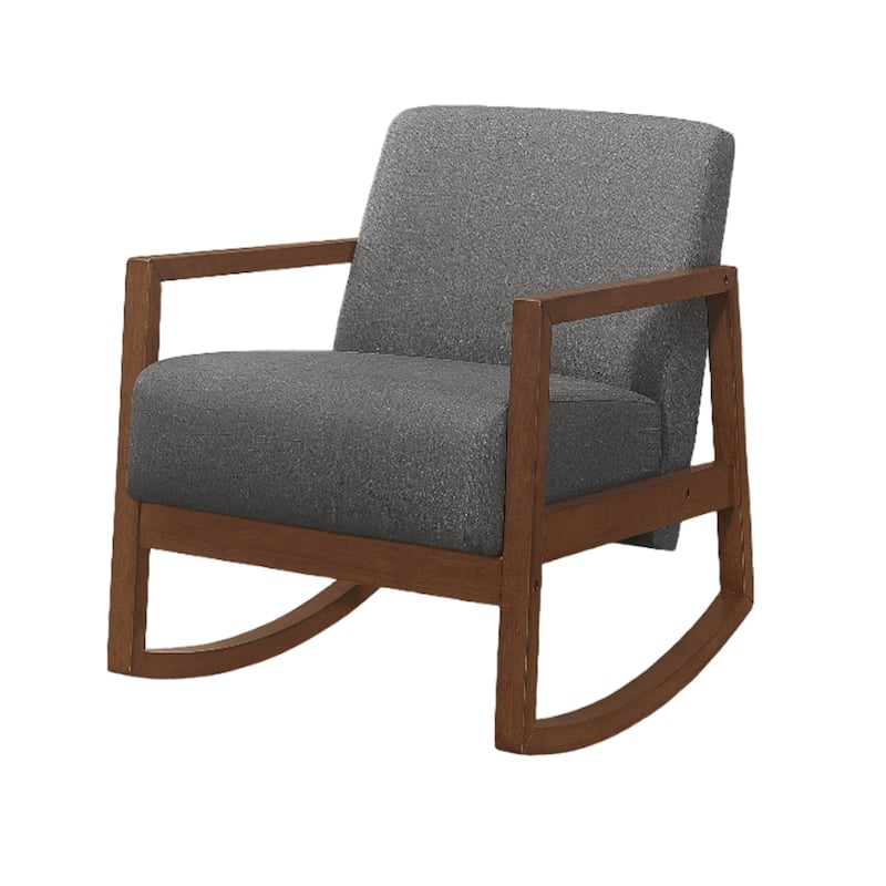 Clovi 32 Inch Rocker Accent Chair, Gray Fabric, Foam Cushions, Brown Wood