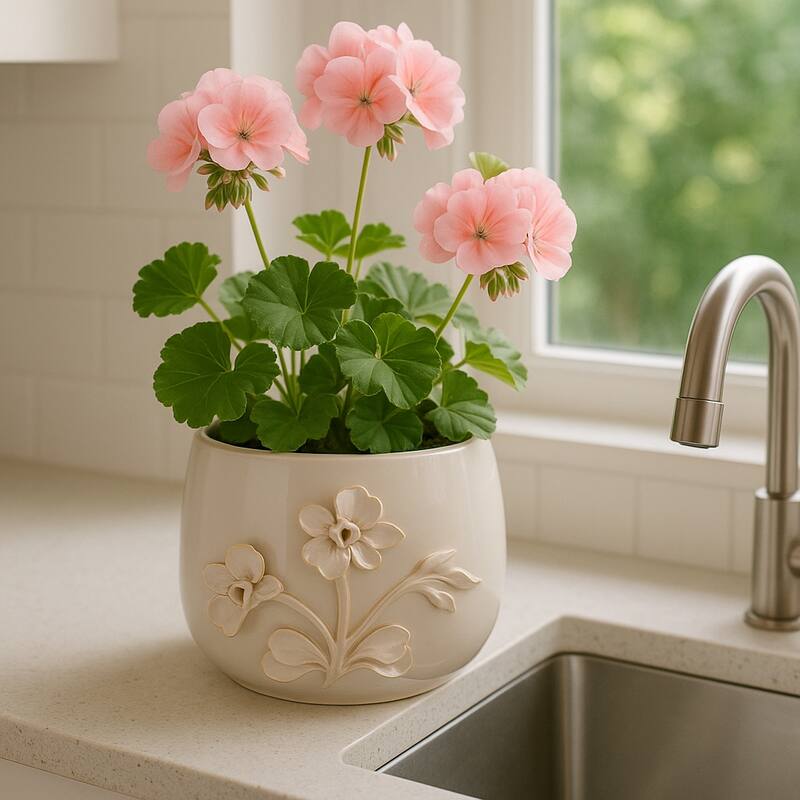 Decorative Ceramic Flower Planter with Flower Applique - Ivory