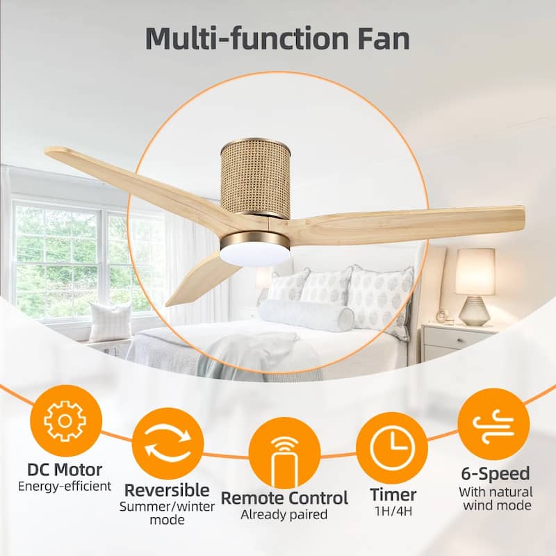 MLiAN 52 In. 3 Solid Wood Blades Flush Mount Ceiling Fan with Light Kit - 52"